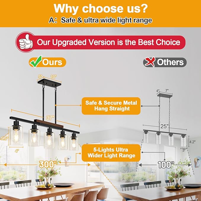37" Farmhouse Dining Room Light Fixture Over Table, 5-Light Matte Black Wood Kitchen Island Lighting with Clear Glass Shade, Pendant Lights Linear Chandeliers for Dining Room Kitchen Island
