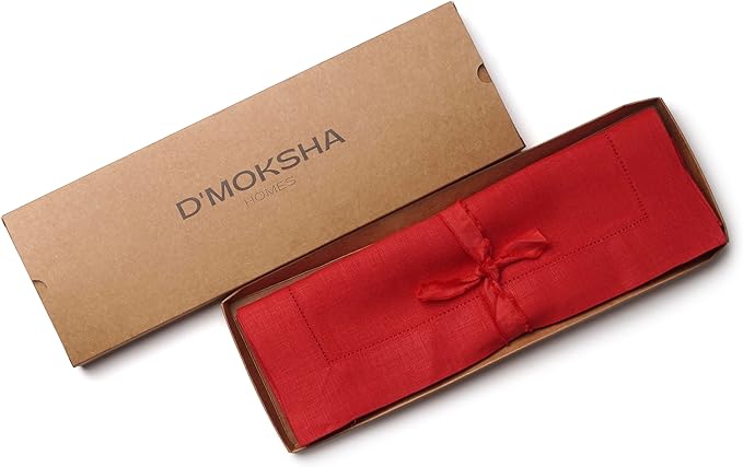 D'Moksha Homes Linen Placemats Set of 4 - Classic Hemstitch Bright Red Placemats 14 x 19 Inch - 100% Pure Linen Table Mats for Fall, Autumn and Halloween - Handcrafted and Machine Washable
