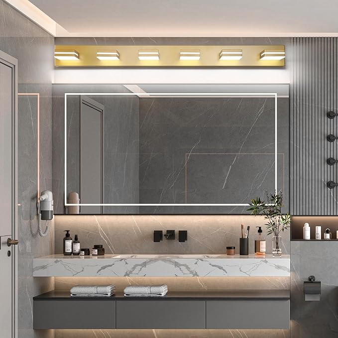 SineRise LED Modern Bathroom Vanity Light Fixtures (6-Light, 48-Inch), Matte Gold Modern Acrylic Bathroom Wall Lighting Fixtures Over Mirror (Cool White 6000K)