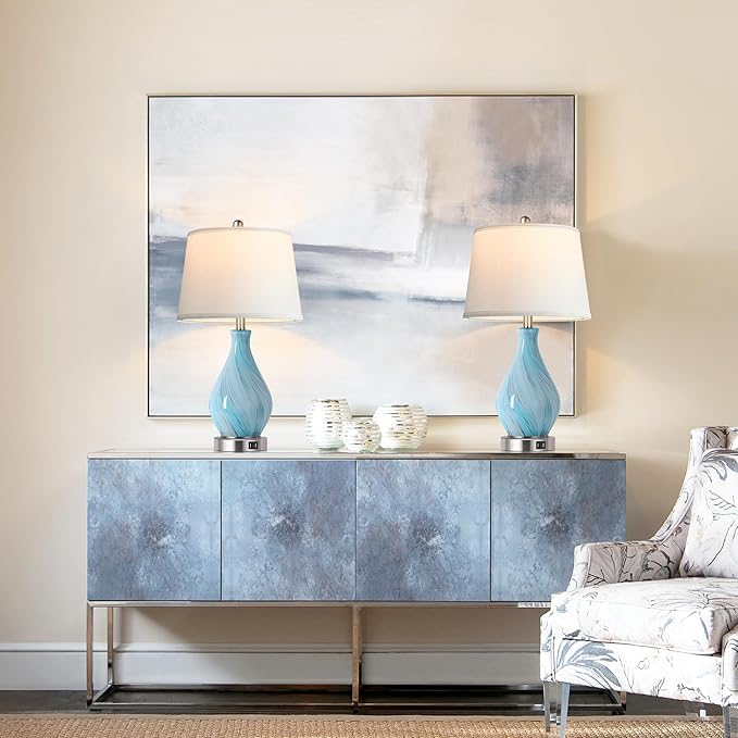 Modern Accent Table Lamp Set of 2 Touch Control, 22" Faded Swirl Blue Gray Art Glass Bedside Lamp with USB Ports, 3-Way Dimmable Hand Crafted Nightstand Lamps White Drum Shade for Living Room Bedroom
