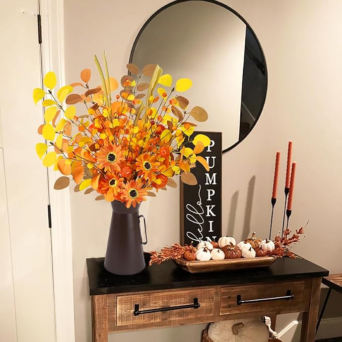 Agusbagli Artificial Fall Flowers with Metal Pot, 22.5" Farmhouse Fall Pumpkin Arrangement with Eucalyptus Leaves Fake Fall Plants Autumn Flowers in Vase for Table Centerpieces Harvest Home Decor