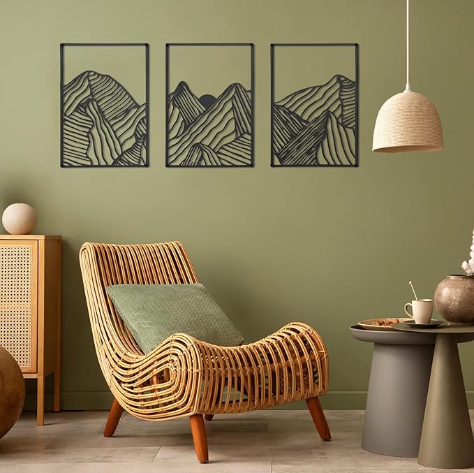Peryiter 3 Pcs Metal Wall Art Decor Landscape Mountain Wall Hanging Decor for Living Room Abstract Minimalist Modern Mountain Line Pictures Summer Bathroom Office Home Gifts Indoor(Black)