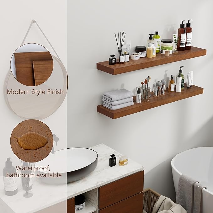 fuqing Rustic Floating Shelves for Wall, 36 Inch Floating Shelves Set of 2, Solid Dark Wood Wall Shelves for Living Room Bedroom Bathroom