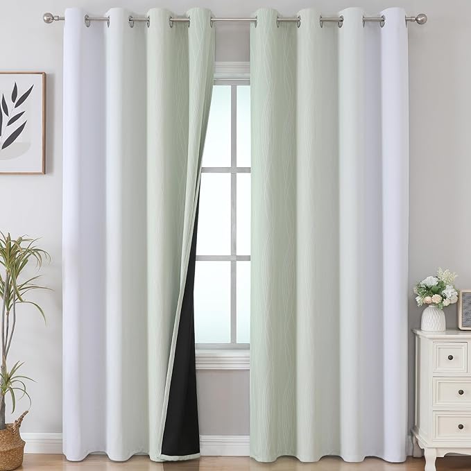 Estelar Textiler Sage Green and Greyish White Ombre Blackout Curtains 90 Inch Length 2 Panels Set, Thermal Insulated Drapes for Bedroom, Full Light Blocking Grommet Curtains for Living Room,52Wx90L