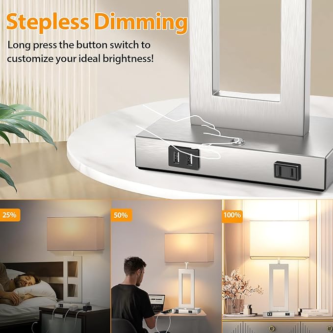 3 Way Dimmable Table Lamps for Bedrooms Set of 2, 27.2ββ Tall Modern Silver Lamps for Living Room Nightstand, Touch Control Bedside Lamps with 2 USB Ports&AC Outlet, Stepless Dimming, Bulbs Covered