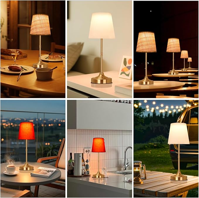 Cordless Rechargeable Lamp, Touch Dimmable Bedside Table Lamp with 3 Fabric Shade, 5200mAh Small Wireless Led Lamps for Nightstand, Portable Lamp for Bedroom, Living Room, Kitchen Counter, Brass