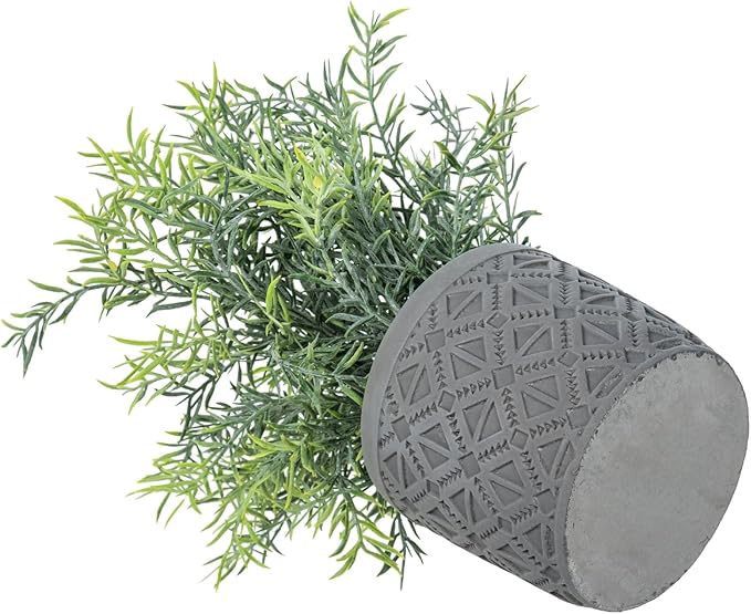 MyGift Set of 2 Artificial Green Plant in Modern Gray Concrete Pots with Geometric Embossed Pattern, Faux Greenery Indoor Houseplants Potted in Decorative Round Planters