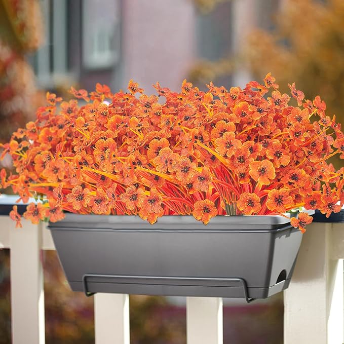 Artificial Fall Flowers Outdoor - Autumn Realistic Faux Plant, Weather-Resistant UV Protection, Perfect for Porch, Patio, Garden, Window Box, and Planters Decor(Fall Orange)