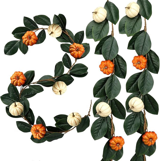 Zeyune 2 Pcs 6ft Fall Decor Fall Garland with Pumpkins Artificial Mixed Magnolia Leaves Farmhouse Hanging Rustic Autumn Garlands Decor for Front Door Kitchen Fireplace Home Indoor Outdoor