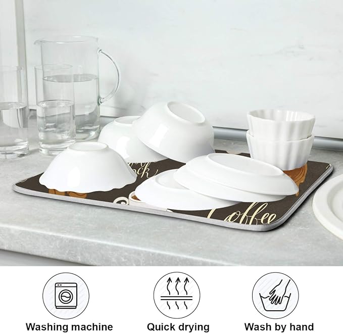 Coffee Beans Dish Drying Mat for Kitchen Counter 18 x 24 Inch Absorbent Microfiber Dry Dishes Mats Drainer Mat Dish Drying Pad for Countertops