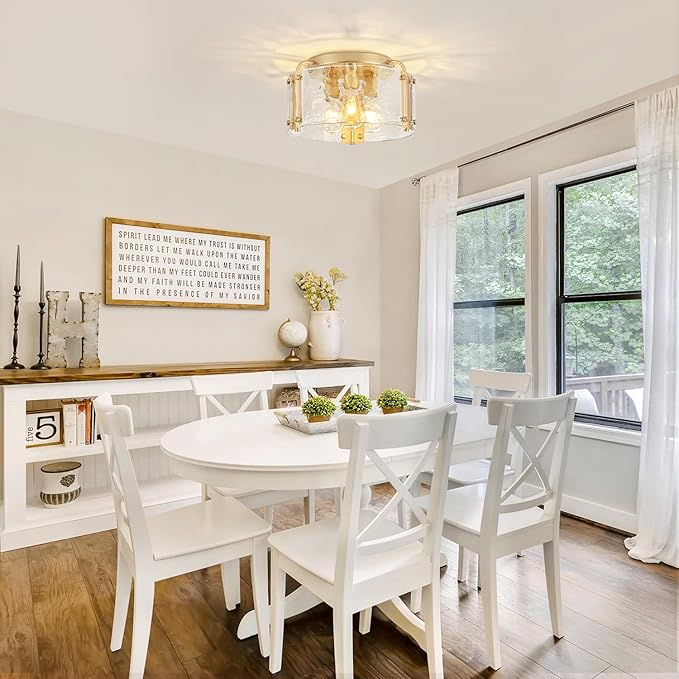 TOULMJ 15'' Semi Flush Mount Ceiling Light, Gold Morden Hallway Light Fixture 3-Light Ceiling Light Fixture with Seeded Glass Shade for Dining Room Hallway Entryway Bedroom Laundry Room