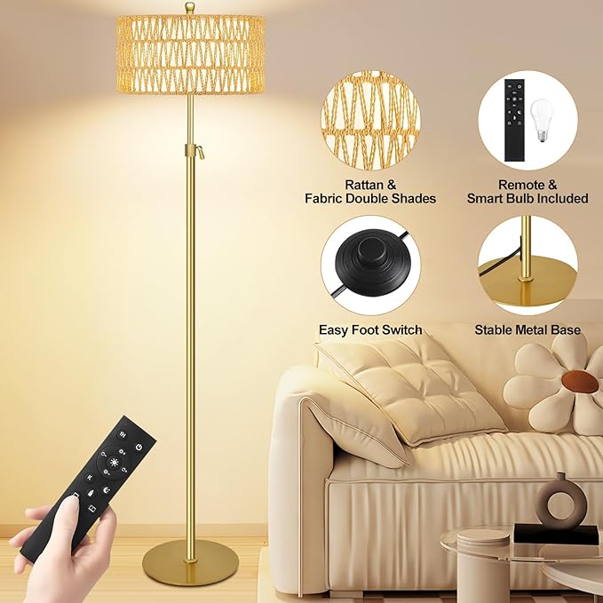 Gold Floor Lamps for Living Room Rattan Boho Floor Lamp with Remote Control,Dimmable Wicker Floor Lamp Modern Standing Lamp with 3 Color Temperature Brass Tall Floor Lamps for Bedroom Corner