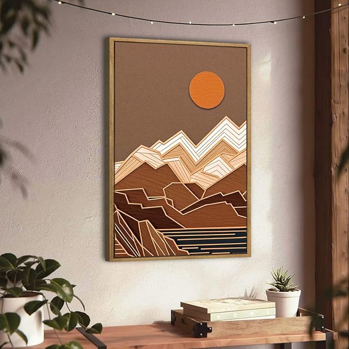 IARTTOP Large Mountain Framed Canvas Wall Art 16x24 Inch Set of 3 Abstract Mountain Woodcut Wall Decor for Living Room Bedroom Office