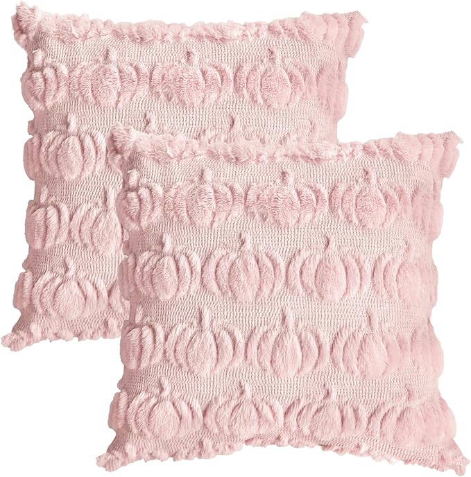 AVOIN colorlife Fall Pumpkin Pink Throw Pillow Covers, 20 x 20 Inch Seasonal Autumn Thanksgiving Harvest Decoration Soft Plush Faux Fur Jacquard Cushion Case Decoration for Sofa Couch Set of 2