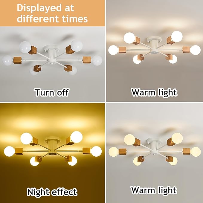 Boho 6-Light Sputnik Chandelier Semi Flush Mount Ceiling Light Fixture Farmhouse Wood and White Ceiling Lamp for Dining Room Living Room Bedroom Kitchen