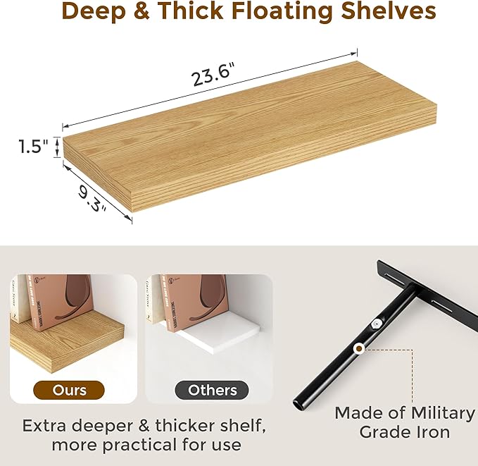 Fun Memories 24 Inch Floating Shelves for Wall, 9.3 Deep Wall Shelves for Home Decor & Storage, 24x9.3x1.5 Large Wooden Shelf with Heavy-Duty Bracket, Deep Shelf for Kitchen, Living Room, Oak Color