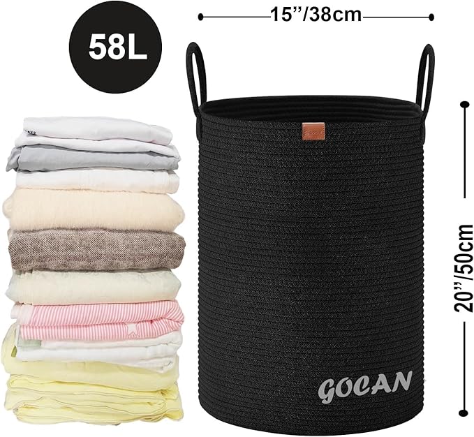 large tall sturdier Laundry Hamper Basket Woven Storage Baskets for clothes Pillows Blanket Toy in living or bed room decoration H50XD38cm black