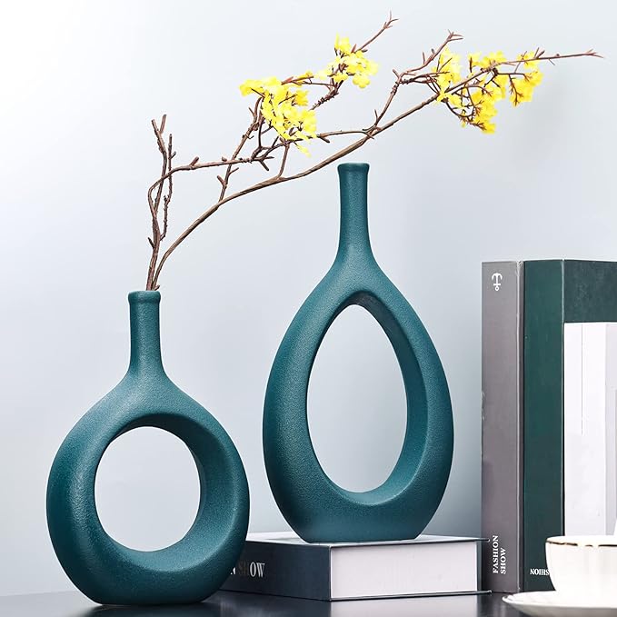Green Ceramic Hollow Elliptical Vase Set of 2 - Boho Circle Vase with Hole, for Modern Green Table Decor, Living Room Decor Shelf mid Century Modern Home Entrance Decorative vase