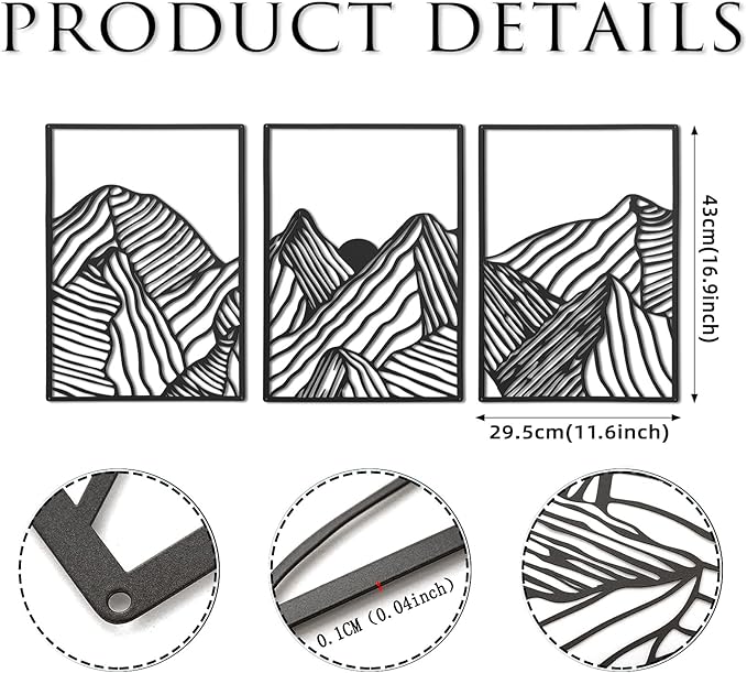 Peryiter 3 Pcs Metal Wall Art Decor Landscape Mountain Wall Hanging Decor for Living Room Abstract Minimalist Modern Mountain Line Pictures Summer Bathroom Office Home Gifts Indoor(Black)