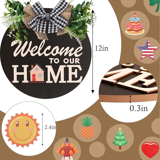 Interchangeable Welcome Sign for Front Door Decoration with 4 Seasonal Wreaths and 14 Holiday Icons, Black Welcome Door Hanger, Rustic Wooden Front Porch Sign Home décor(Black)