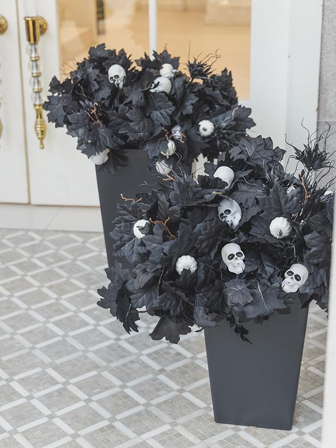 18pcs Fake Plants Outdoor, Halloween Maple Pumpkin Branch, Autumn Artificial White Pumpkins Stem with Black Maple Leaves, Faux Maple Leaves Spray for Halloween Thanksgiving Home Deocr(Black)