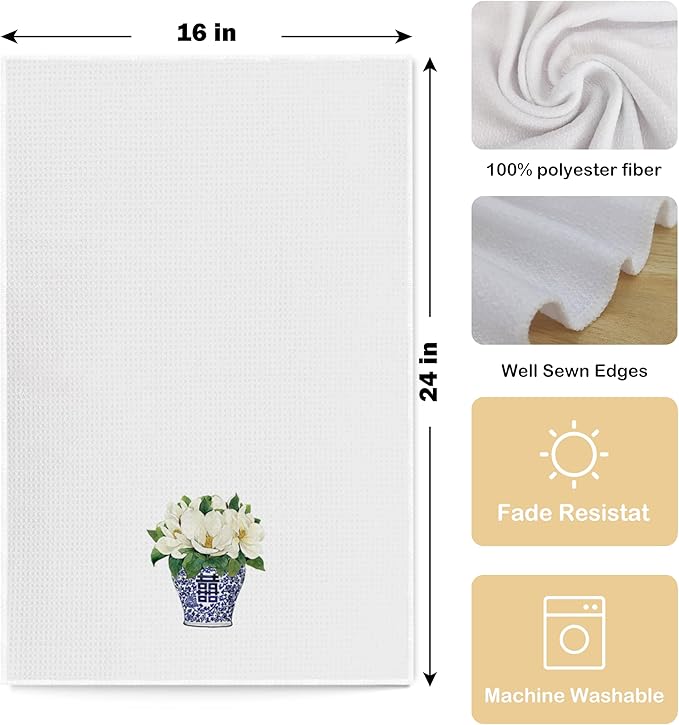 Blue and White Porcelain Chinoiserie Kitchen Towels Set of 4 - Chinoiserie Decor Dish Towels for Kitchen, Blue and White Decorative Hand Towels for Bathroom Kitchen, 16x24 Inches