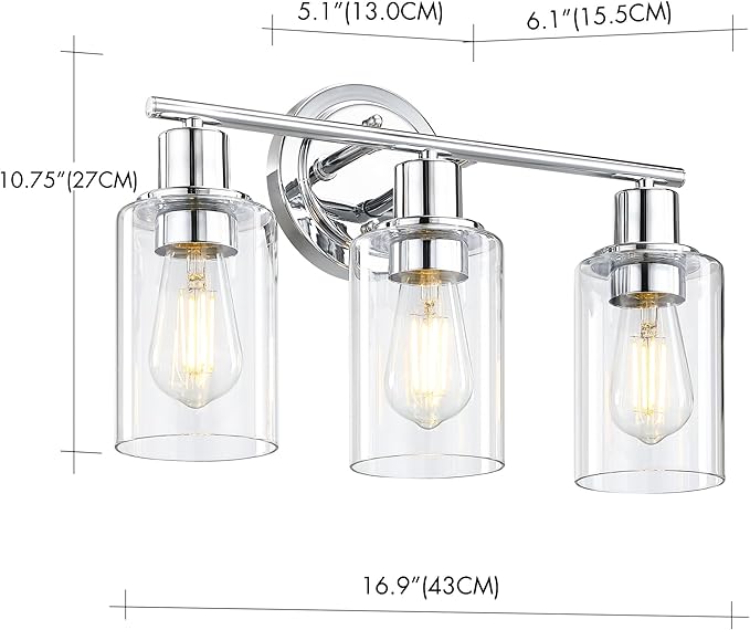 3-Light Bathroom Light Fixtures Over Mirror,Chrome Vanity Lights for Bathroom Cabinet, 3 Bulb Chrome Wall Sconce Light Fixture for Sink
