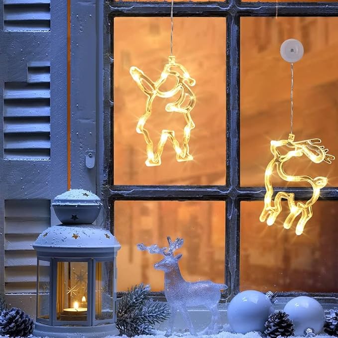 Christmas Decorations, Christmas Window Lights, Christmas Lights with Suction Cup, Christmas Window Decorations Battery Operated, Christmas Gifts for Women Kids Men (Santa & Reindeer Indoor LED 2 Pcs)