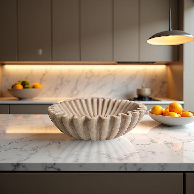 10" Large Decorative Bowl decor, Scalloped Bowls for Modern Home Decor,Ruffle Decor,Stylish Key Bowl for Entry Table,Decorative Fruit Bowl for Kitchen Counter,Artificial Stone Beige