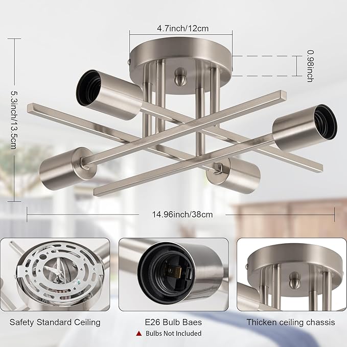 4-Light Modern Sputnik Chandeliers, Silver Mid Century Semi Flush Mount Ceiling Light Fixtures with E26 Base, Industrial Vintage Kitchen Farmhouse Light for Dining Room Bedroom Living Room