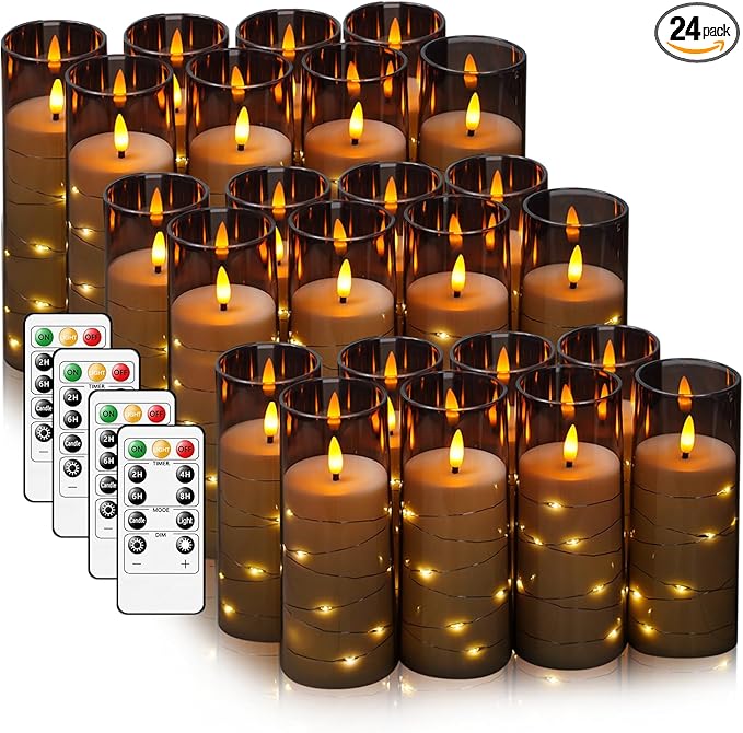 Flameless LED Candles with Timer 24 Pc Flickering Flameless Candles for Romantic Ambiance and Home Decoration Stable Acrylic Shell,with Embedded Star String,Battery Operated Candles(Grey)