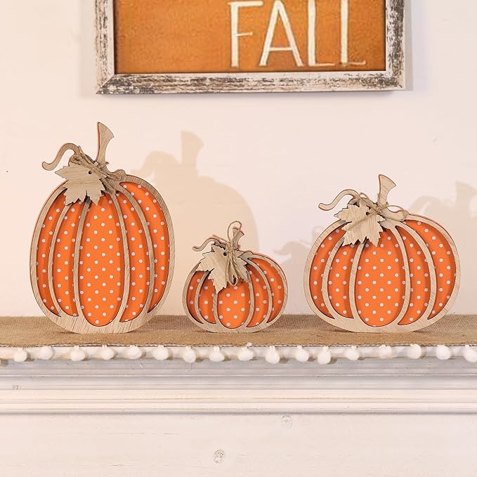 Fall Decor- 3pcs Wooden Pumpkin Decorations for Autumn Thanksgiving Home Table Shelf Mantel Fireplace Party Decor