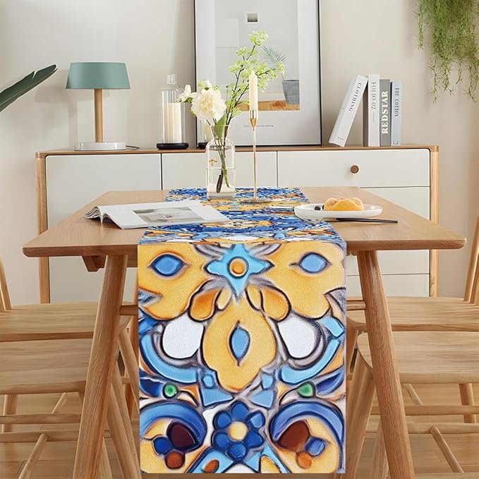 ANNA QUEEN Flowers Table Runner 13 x 72 Inch for Dining Table, Table Runner for Spring & Holiday Dining Decor Indoor Outdoor Party Home Table Decoration (Retro Pattern)