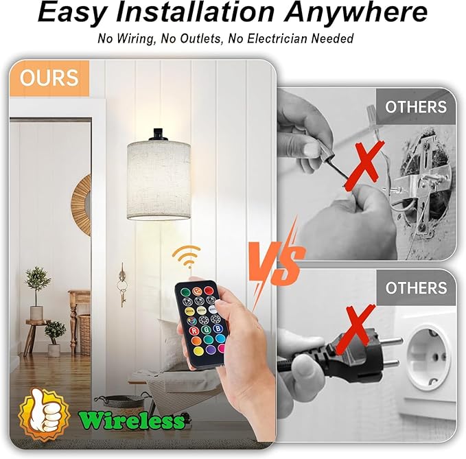 Battery Operated Wall Sconce Set of 2, Black Cordless Rechargeable Wall Sconces with Dimmable LED Bulb, 13 Colors Wall Lights for Bedroom Living Room Hallway