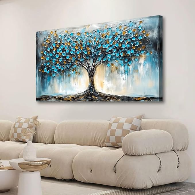 Blue Tree Pictures Canvas Wall Art for Living room Office Bedroom Wall Decor,Abstract Wall Art Print Modern Noble Blue Tree Oil Painting Artwork Waterproof Ready to Hang-20x40inch