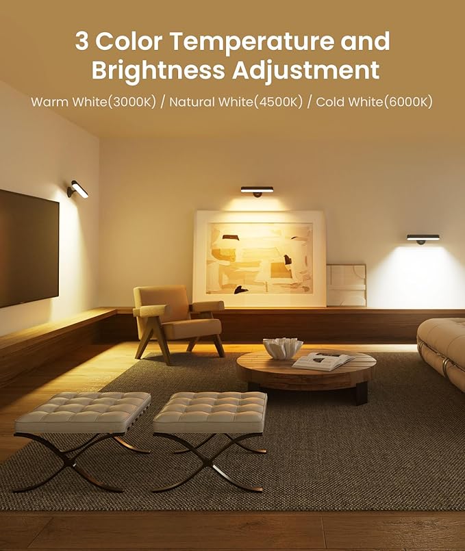 Rechargeable LED Wall Sconces for Bedroom,Wall Lights with Remote Control and Touch,360° Rotation,3 Colors Temperatures Dimmable Black Wall Lamps for Living Room with 15 RGB Colors,2 Pack