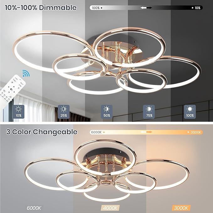 Modern Ceiling Lights, 6 Rings Dimmable Gold LED Ceiling Light Fixtures with Remote Control, 56W Close to Ceiling Lighting for Living Room, Bedroom, Dining Room