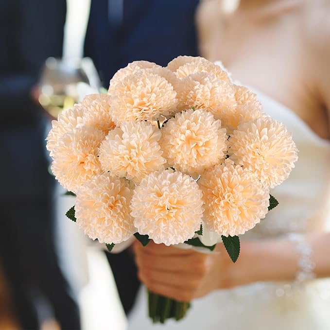 Hananona 12 Pcs Artificial Chrysanthemums Flowers Ball Flowers, Fake Mums Silk Plants for Home Decor Indoor Floral Arrangement Table Centerpiece (12, Champagne)