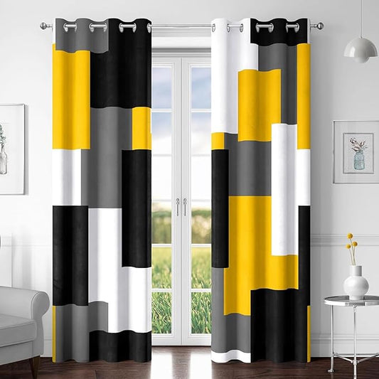 Yellow 100% Blackout Curtains for Bedroom 108 inch Extra Long 2 Panels Set Mustard Yellow Grey Modern Abstract Geometric Black Out Curtains Room Darkening Window Drapes for Living Room, 52Wx108L