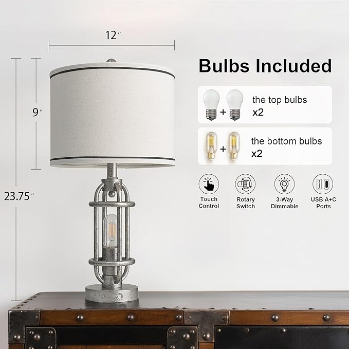 23.75'' Table Lamps Set of 2 for Living Room Bedroom Industrial Farmhouse Metal Touch Lamps with USB A+C Ports, Night Light Vintage Nightstand Bedside Lamp, Bulbs Included, Antique Silver
