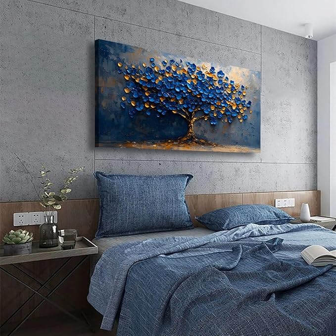Abstract Tree Canvas Wall Art Bedroom Wall Decor Living Room,Tree of Life Wall Art Office Kitchen Paintings Artwork Modern Blue Yellow Leaves Pictures Art Prints Waterproof Ready to Hang-20x40inch