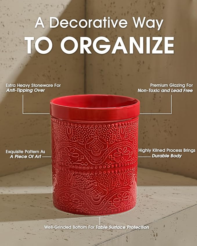 FUN ELEMENTS Kitchen Utensil Holder, 7.2+5.5" Super Large Utensil Crock Heavy and Stable Lace Emboss Ceramic Utensil Holder for Kitchen Counter (2Pcs Christmas Red)