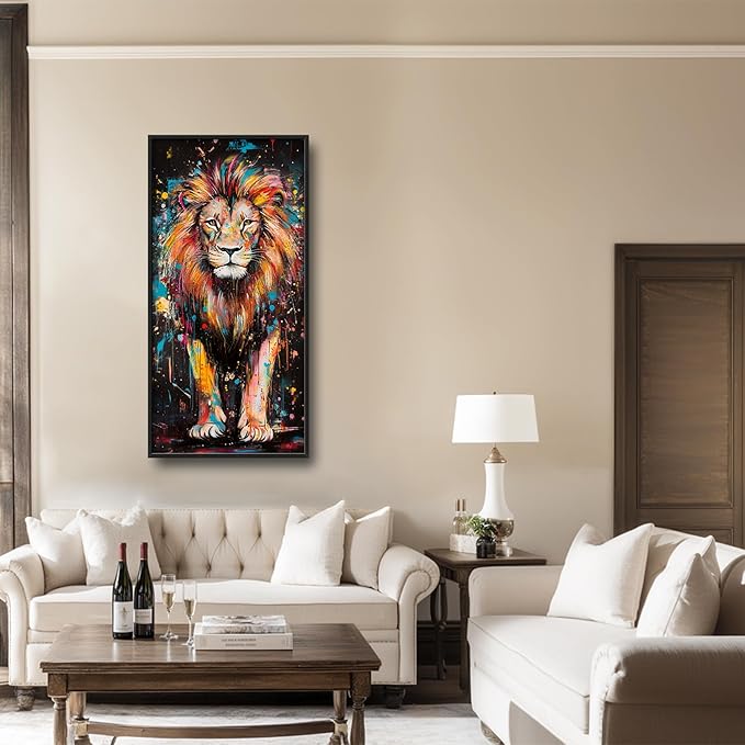 Lovira Graffiti Colorful Lion Large Wall Art Animal Canvas Wall Decor Pictures Prints Painting Framed Vertical Artwork for Living Room Bedroom Bathroom Men 30"x60"