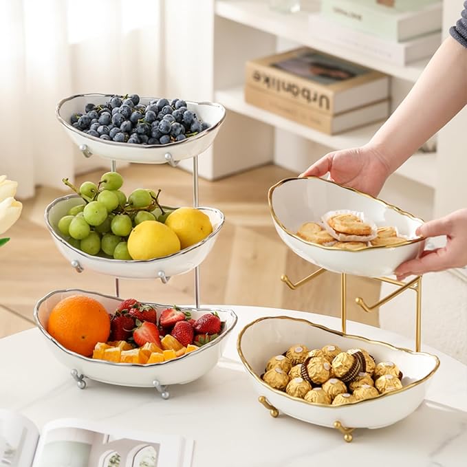 2 Tier Ceramic Fruit Bowl for Kitchen Counter, Tiered Fruit Basket for Countertop, Modern Multi Layer Fruit Display Stand for Party, Cute & Smal (Gold-rimmed)