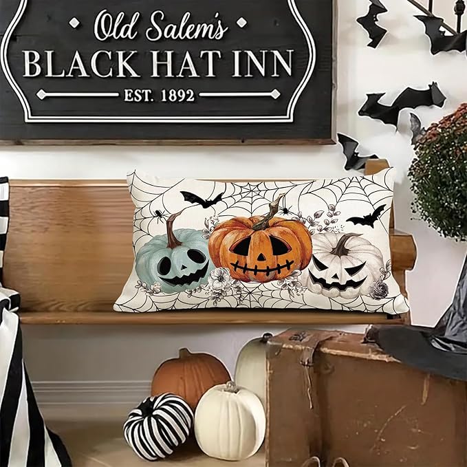 Baccessor Halloween Pillow Cover 12x20 Inch, Pumpkins Bats Spider Web Lumbar Pillow Case Halloween Decor for Cushion Sofa Couch Indoor Outdoor Decoration 1 Piece