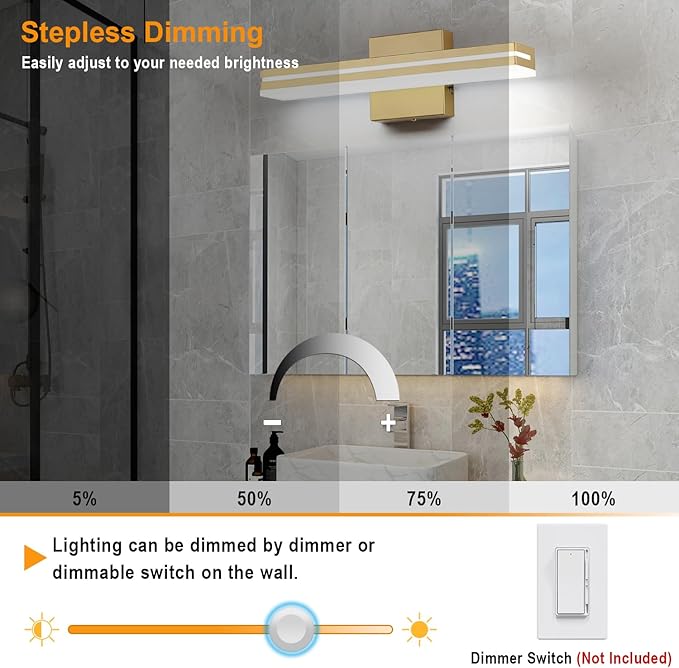 SineRise LED Modern Bathroom Vanity Light Fixtures (16-Inch, 3000K/4000K/6000K, Dimmable), Gold Modern Acrylic Bathroom Wall Lighting Fixtures Over Mirror