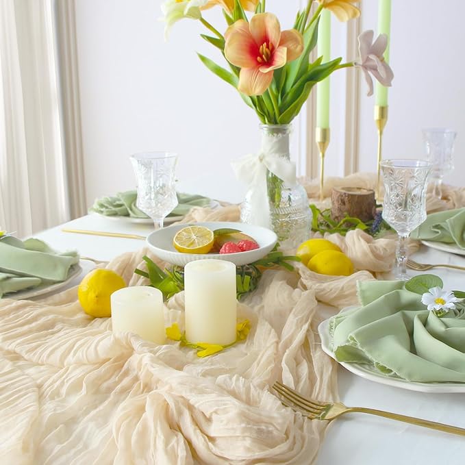 FEXIA 3 Pack Beige Table Runner 35x120 Inches for Baby Shower Decoration Gauze Spring Easter Table Runner for Wedding Party First Communion Centerpiece Engagement Bridal Shower Decoration