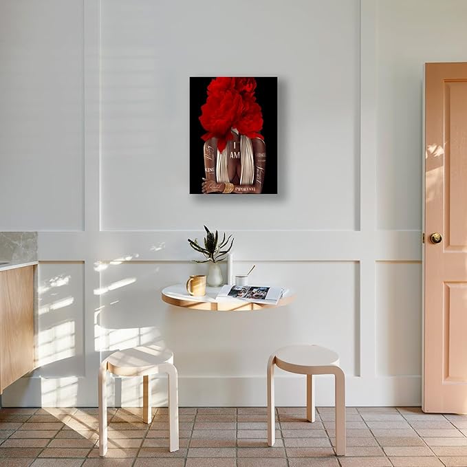 Inspirational Wall Art Canvas, African American Empowerment, Red Floral Design, Modern Home Decor 12"x16"