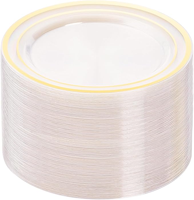 100PCS Clear Plastic Plates, 10.25 Inch Disposable Dinner Plate Party with Gold Rim, Heavy Duty Disposable Plastic Plates for Party, Wedding and Birthday, Christmas, Thanksgiving