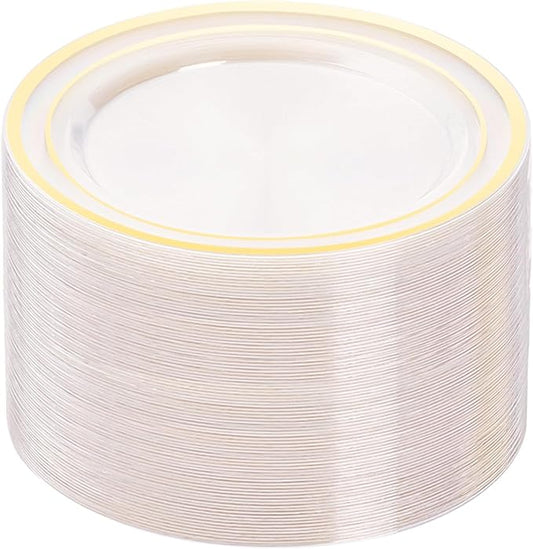 100PCS Clear Plastic Plates, 10.25 Inch Disposable Dinner Plate Party with Gold Rim, Heavy Duty Disposable Plastic Plates for Party, Wedding and Birthday, Christmas, Thanksgiving